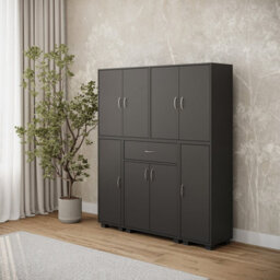 Urbn-Living Urbnliving Height 140Cm 8 Door & 12 Shelf Black Bookshelf 1 Drawer Storage Cabinet Bookcase Cupboard Display - thumbnail 2