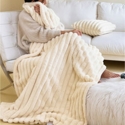 Living And Home Luxurious Elegant Fluffy Comfortable Striped Throw Blanket Beige 200Cm W X 150Cm D - thumbnail 3