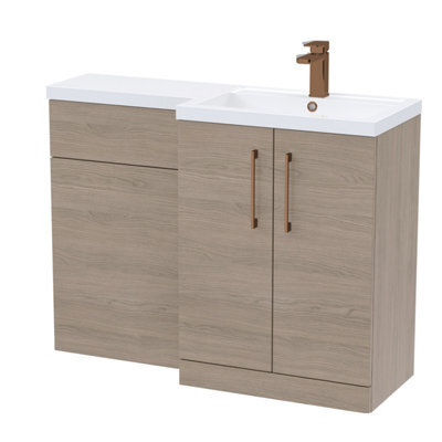 Balterley Right-Hand Bathroom Vanity And Wc Unit Combination With Basin - 1100mm - Woodgrain Mid Oak With Brushed Bronze Handles
