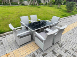 Fimous Light Grey Rattan Outdoor Garden Furniture Set Black Tempered Glass Dining Table And 6 Chairs Set With Seat Cushion - thumbnail 1