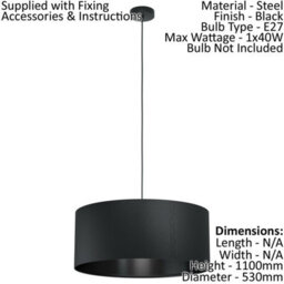Large Round Black Fabric Pendant Ceiling Light With E27 Bulb Socket - thumbnail 2