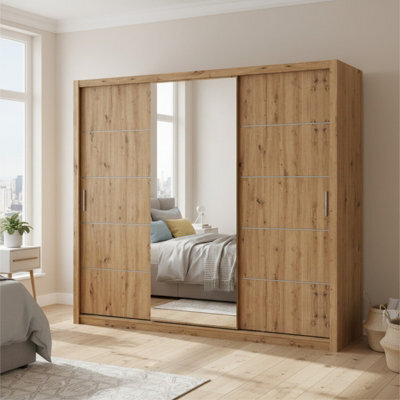 Bono Sz250 Sliding Door Wardrobe With Mirror Modern Design And Generous Storage Space Artisan Oak - image 1