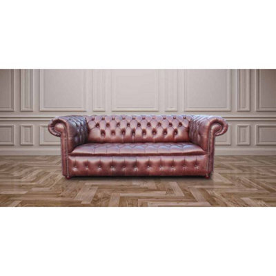 Chesterfield 3 Seater Buttoned Seat Sofa Old English Hazel Real Leather In Classic Style - image 1