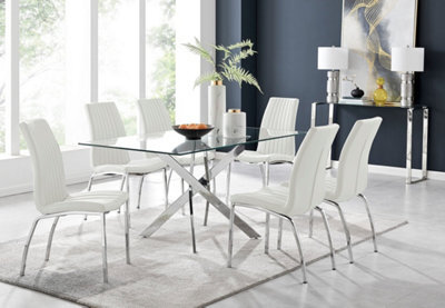 Furniturebox Uk Leonardo Glass And Chrome Metal Dining Table And 6 White Isco Faux Leather Chairs - image 1