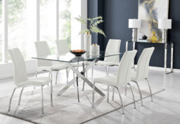 Furniturebox Uk Leonardo Glass And Chrome Metal Dining Table And 6 White Isco Faux Leather Chairs - thumbnail 1