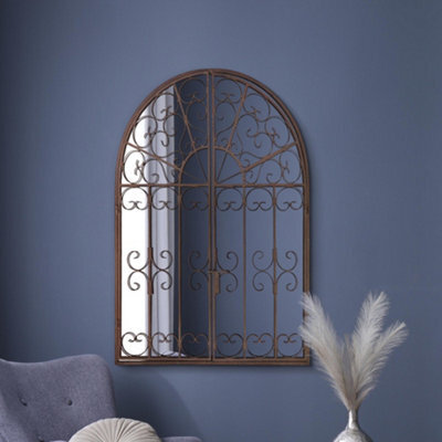 Mirroroutlet The Kirkby Dark Metal Rustic Framed Decorative Arched Wall Mirror With Opening Doors 89Cm X 70Cm - image 1