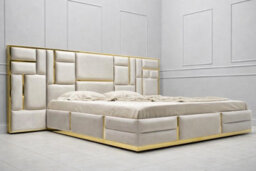 Rio Multi Panel Luxury Velvet Bed Frame With Gold Mirror Finish Inlays