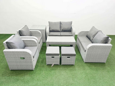 Fimous 8 Seater Outdoor Reclining Chair Love Sofa Set Rattan Garden Furniture Set Oblong Coffee Table 2 Stools Side Table - image 1