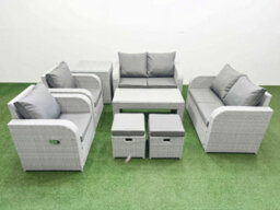 Fimous 8 Seater Outdoor Reclining Chair Love Sofa Set Rattan Garden Furniture Set Oblong Coffee Table 2 Stools Side Table - thumbnail 2