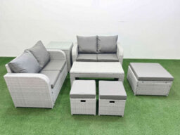 Fimous 7 Seater Outdoor Love Sofa Set Rattan Garden Furniture Set Oblong Coffee Table 3 Footstool Side Table Light Grey - thumbnail 1