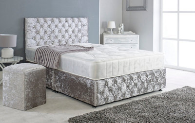Adore Designs Chesterfield Crushed Velvet Divan Bed, Ortho Mattress, Footboard & Square Stool - 6Ft Super King - Silver - 2 Drawers Left Side - image 1