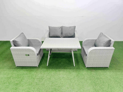 Fimous Light Grey Pe Wicker Rattan Garden Furniture Set Sofa Set Reclining Chair Love Sofa Rectangular Dining Table - image 1