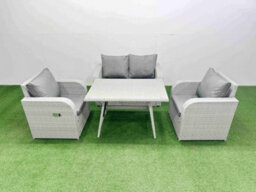 Fimous Light Grey Pe Wicker Rattan Garden Furniture Set Sofa Set Reclining Chair Love Sofa Rectangular Dining Table - thumbnail 1
