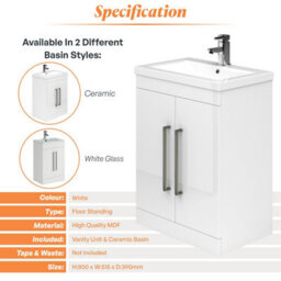 Plum&clay Novela Gloss White Floor Standing Vanity Unit With Ceramic Basin Bathroom Furniture (W)515mm - thumbnail 5