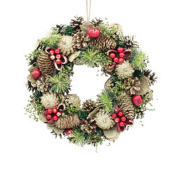 Urbn-Living Urbnliving 34Cm Red, Green & Gold Glitter  Wreath Festive Decoration With Jute Hanger Traditional Pinecone Décor