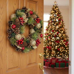 Urbn-Living Urbnliving 34Cm Red, Green & Gold Glitter  Wreath Festive Decoration With Jute Hanger Traditional Pinecone Décor - thumbnail 3