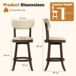 64Cm Counter Height Chairs Set Of 2 Swivel High Stool Brown - thumbnail 2