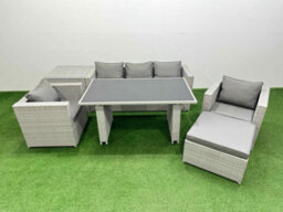 Fimous Patio Garden Furniture Sets With Black Glass Top Dining Table Armchair 3 Seater Sofa Side Table Big Stool Light Grey - thumbnail 1