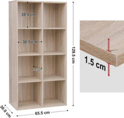 Songmics Bookcase, Wooden Bookshelf With 8 Compartments, Floor Standing Storage Unit, Oak Colour - thumbnail 2