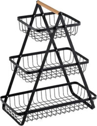 Trendi 3-Tier Mesh Fruit Basket With Wooden Handle, Metal Fruit & Vegetable Stand, Kitchen Counter Storage, Black - thumbnail 2