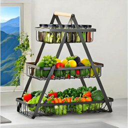 Trendi 3-Tier Mesh Fruit Basket With Wooden Handle, Metal Fruit & Vegetable Stand, Kitchen Counter Storage, Black - thumbnail 3