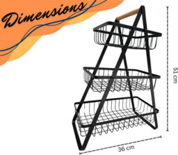 Trendi 3-Tier Mesh Fruit Basket With Wooden Handle, Metal Fruit & Vegetable Stand, Kitchen Counter Storage, Black - thumbnail 4