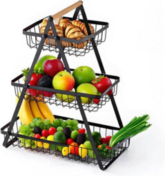 Trendi 3-Tier Mesh Fruit Basket With Wooden Handle, Metal Fruit & Vegetable Stand, Kitchen Counter Storage, Black