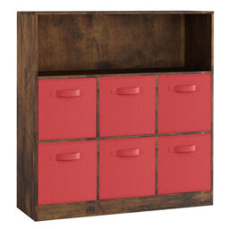 Urbn-Living Urbnliving 94Cm Height 7 Cubed Rustic Brown Wooden Cupboard Bookcase Storage Units Shelves With Red 6 Drawers - thumbnail 3