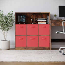 Urbn-Living Urbnliving 94Cm Height 7 Cubed Rustic Brown Wooden Cupboard Bookcase Storage Units Shelves With Red 6 Drawers - thumbnail 2