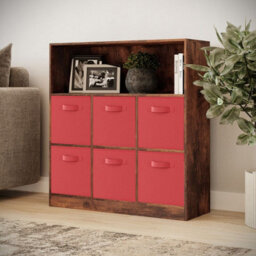 Urbn-Living Urbnliving 94Cm Height 7 Cubed Rustic Brown Wooden Cupboard Bookcase Storage Units Shelves With Red 6 Drawers