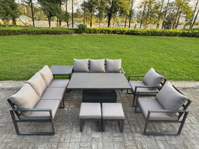Fimous 8 Piece Garden Furniture Set 10-Seater Aluminium With Adjustable Rising Lifting Dining Table & Cushions Dark Grey - image 1