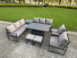 Fimous 8 Piece Garden Furniture Set 10-Seater Aluminium With Adjustable Rising Lifting Dining Table & Cushions Dark Grey - thumbnail 2