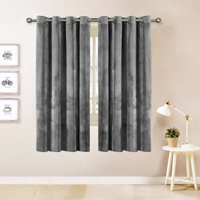 Oxford Homeware Eyelet Velvet Curtains Grey Fully Lined Blackout Thermal Insulated Eyelet Curtains Pair (W)117Cm X (L)137Cm - image 1