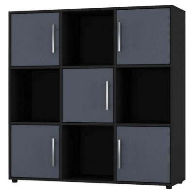 Urbn-Living Urbnliving 91Cm Height 9 Cube Bookcase Black Wood Grey Door Metal Handle Display Storage Shelf - image 1
