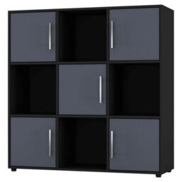 Urbn-Living Urbnliving 91Cm Height 9 Cube Bookcase Black Wood Grey Door Metal Handle Display Storage Shelf