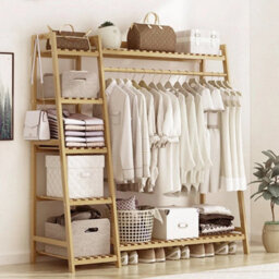 Heavy Duty Wooden Clothes Rail Rack Garment Hanging Stand Ladder Shelf Wardrobe - thumbnail 5