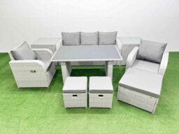 Fimous Outdoor Rattan Garden Furniture Dining Set 8-Seater Patio Rectangular Table 3 Seater Sofa Set With 2 Side Tables 3 Stools - thumbnail 2
