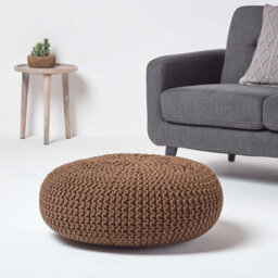 Homescapes Chocolate Brown Large Round Cotton Knitted Pouffe Footstool - thumbnail 2