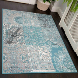 Loomed Aqua Blue Grey Traditional Patchwork Living Room Rug 120X170Cm - thumbnail 1