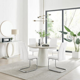 Furniturebox Uk Palma Beige Stone Effect Round Dining Table & 4 White Lorenzo Chairs - thumbnail 1