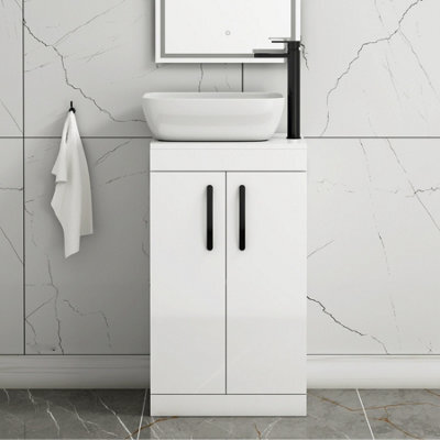 Royal Bathrooms 500mm Floor Standing Vanity Unit 2 Door Gloss White & Countertop Basin - Elva With Matt Black Handle - image 1