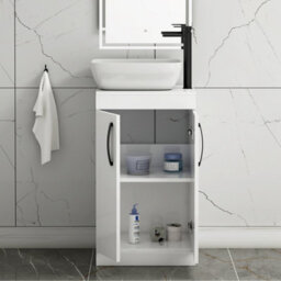 Royal Bathrooms 500mm Floor Standing Vanity Unit 2 Door Gloss White & Countertop Basin - Elva With Matt Black Handle - thumbnail 3