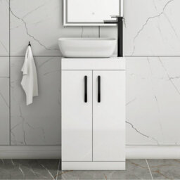 Royal Bathrooms 500mm Floor Standing Vanity Unit 2 Door Gloss White & Countertop Basin - Elva With Matt Black Handle - thumbnail 1