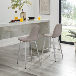 Furniturebox Uk 2X Counter Stools - Corona Cappuccino Beige Faux Leather Dining Chair Silver Metal Legs - Minimalist Scandi Style