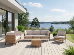 Beliani Garden Lounge Set With Table 6 Seater Omegana Modular Pe Rattan Light Beige - thumbnail 2