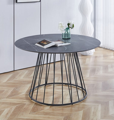 Hallowood Furniture Cullompton Round Dining Table 120Cm With Grey Marble Effect Top And Black Base - image 1