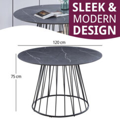 Hallowood Furniture Cullompton Round Dining Table 120Cm With Grey Marble Effect Top And Black Base - thumbnail 3
