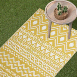 Homescapes Luxury Outdoor Rug Runner Waterproof Reversible For Garden, 75 X 200 Cm, Yellow & White, Recycled, Anna Aztec - thumbnail 2