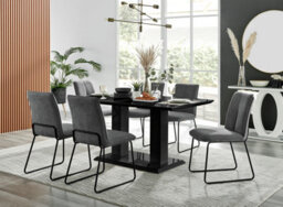 Furniturebox Imperia Black High Gloss 6 Seater Dining Table With Structural 2 Plinth Column Legs Dark Grey Fabric Halle Modern Chairs - thumbnail 1