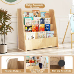 Costway 4-Tier Kids Bookshelf Front Facing Children Bookcase Magazine Storage Rack Natural - thumbnail 4